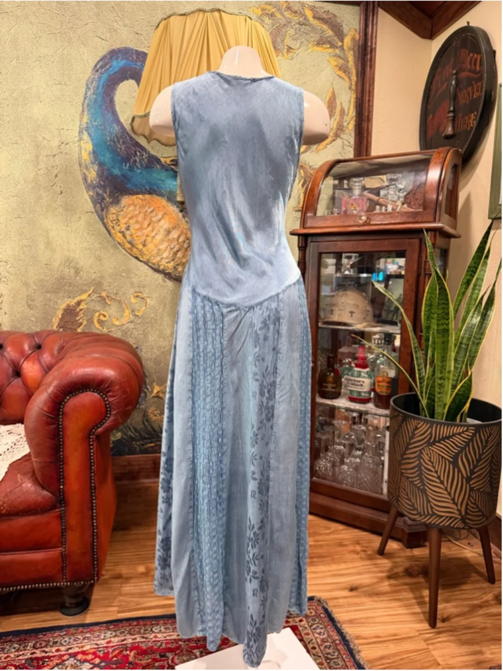 FABULOUS India Rayon Acid Wash Embroidered Maxi Dress Blue Boho Free Size (M)